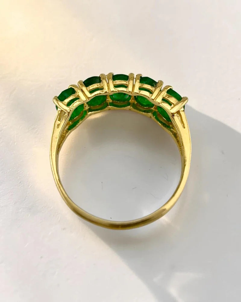 10K Yellow Gold Natural Emerald 5-Stone Ring - 10K Gold - Free shipping - 9