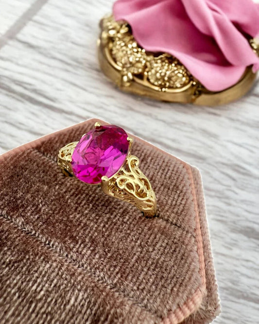 14K Gold Pink Sapphire Ring with Vintage Filigree - 14K Solid Gold - Free shipping - 2