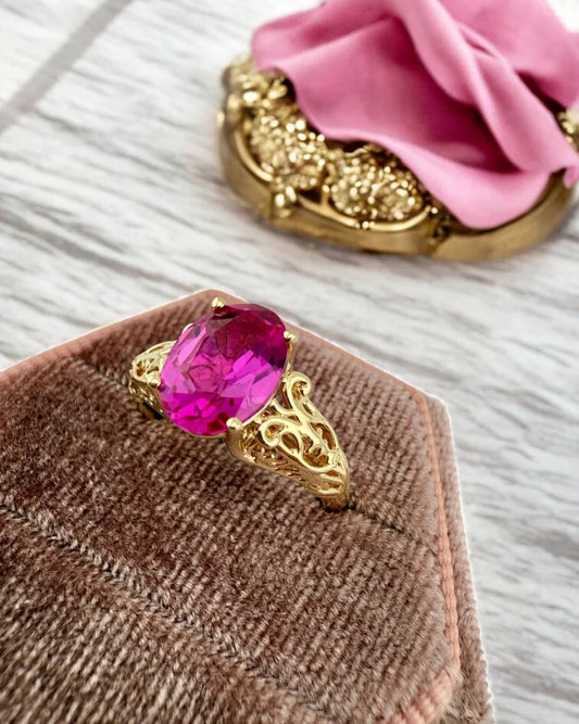 14K Gold Pink Sapphire Ring with Vintage Filigree - 14K Solid Gold - Free shipping - 2