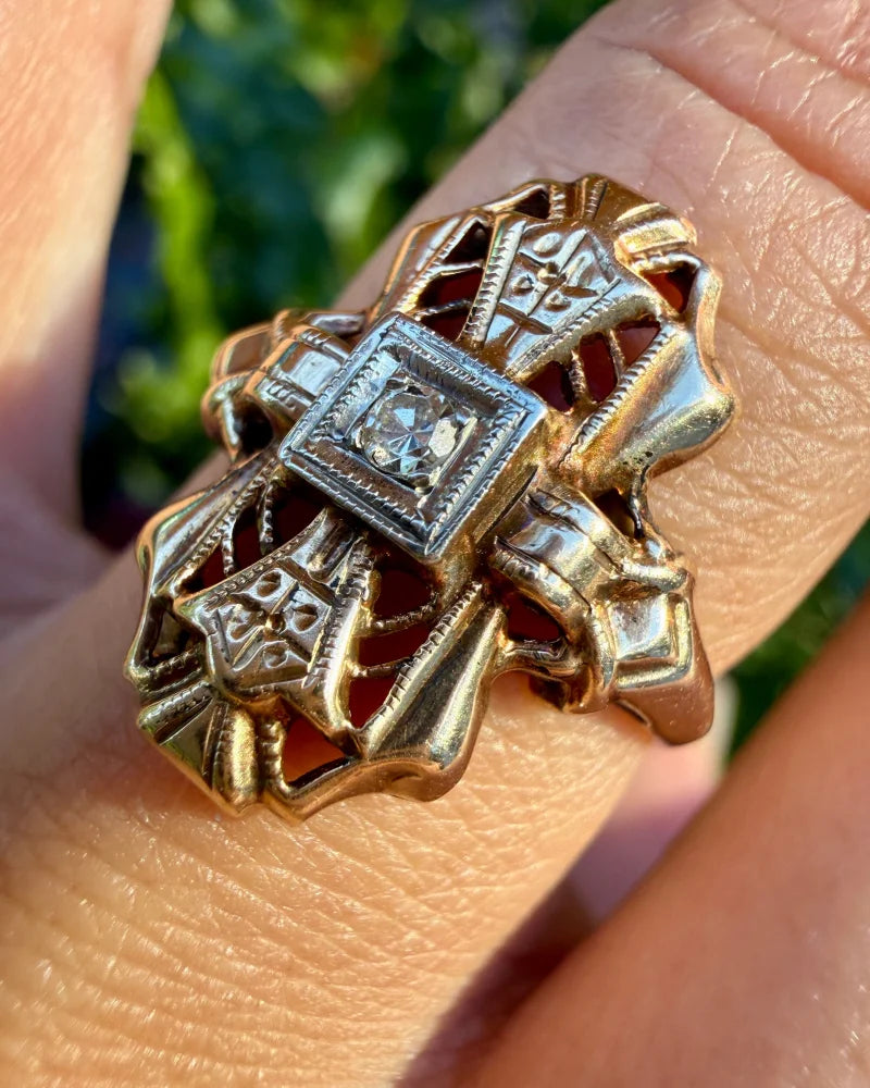 14K Gold Vintage Diamond Navette Openwork Bow Ring - 14K Solid Gold - Free shipping - 15