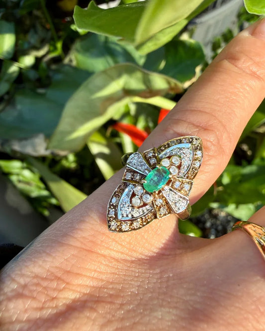 14K Two-Tone Gold Emerald & Diamond Navette Cluster Ring - 14K Solid Gold - Free shipping - 2