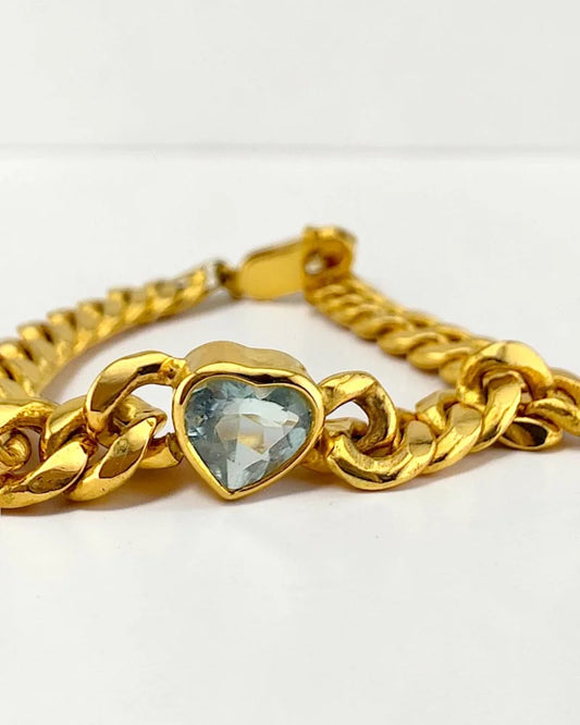 14K Yellow Gold Curb Link Bracelet | 1.80 ct Heart Aquamarine - 14K Solid Gold - Free shipping - 2