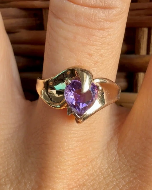 Vintage 10K Yellow Gold Heart Amethyst Ring - 10K Gold - Free shipping - 2