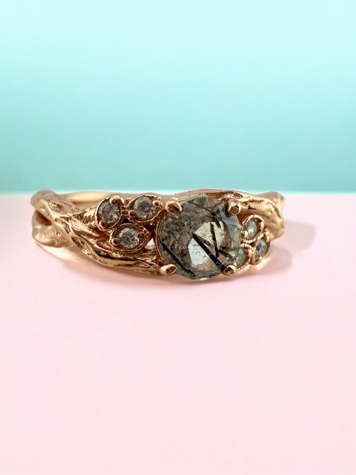 Natural Black Rutilated Quartz Rose Gold Ring