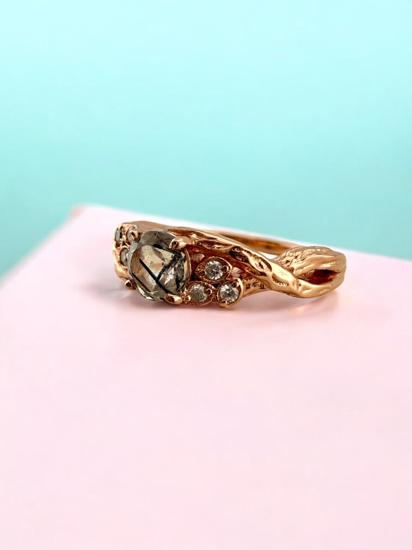 Natural Black Rutilated Quartz Rose Gold Ring