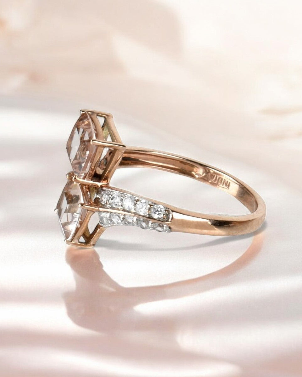 Vintage Style Double Morganite Rose Gold Bypass Ring