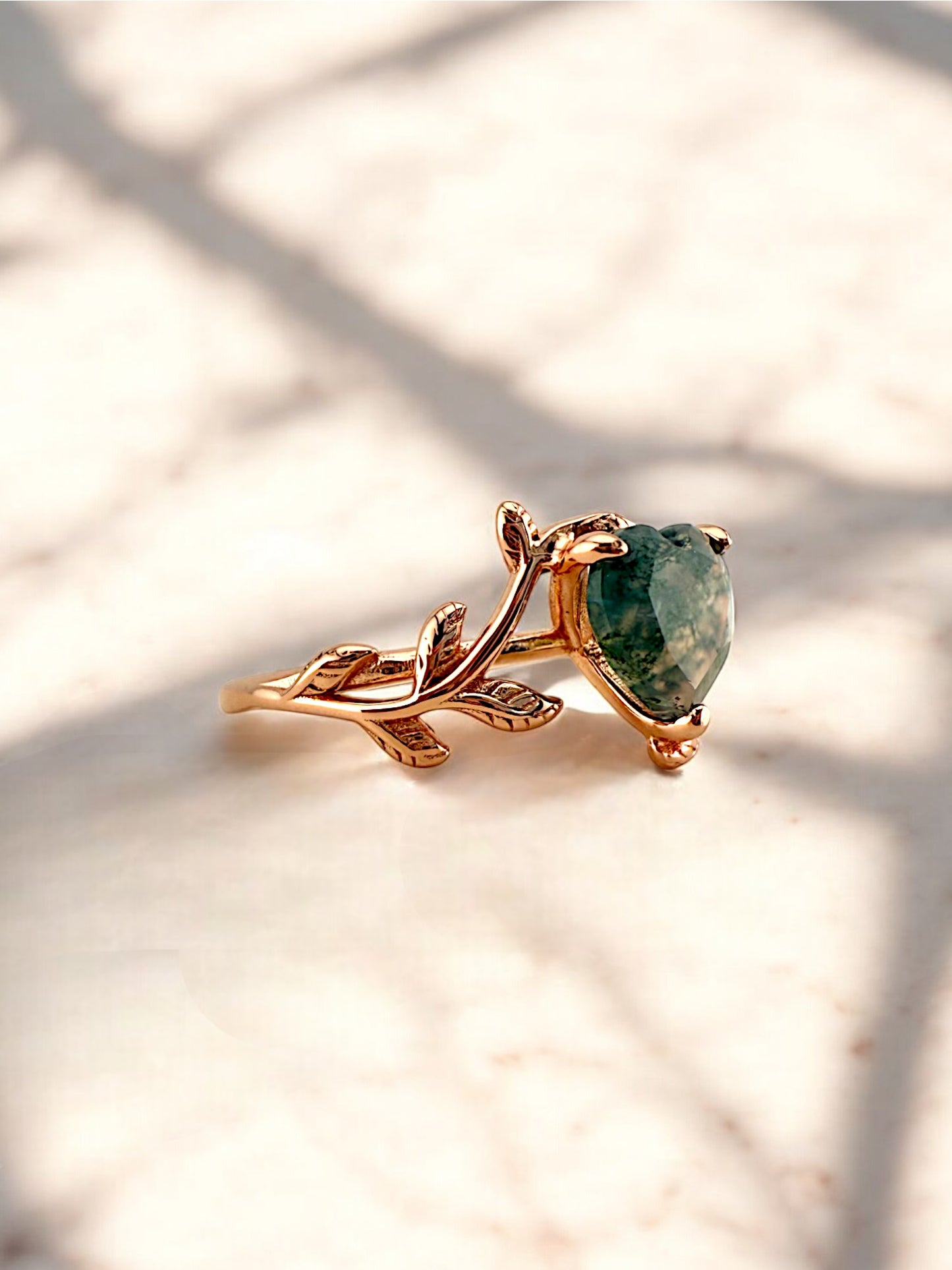 Heart Cut Natural Moss Agate Rose Gold Ring