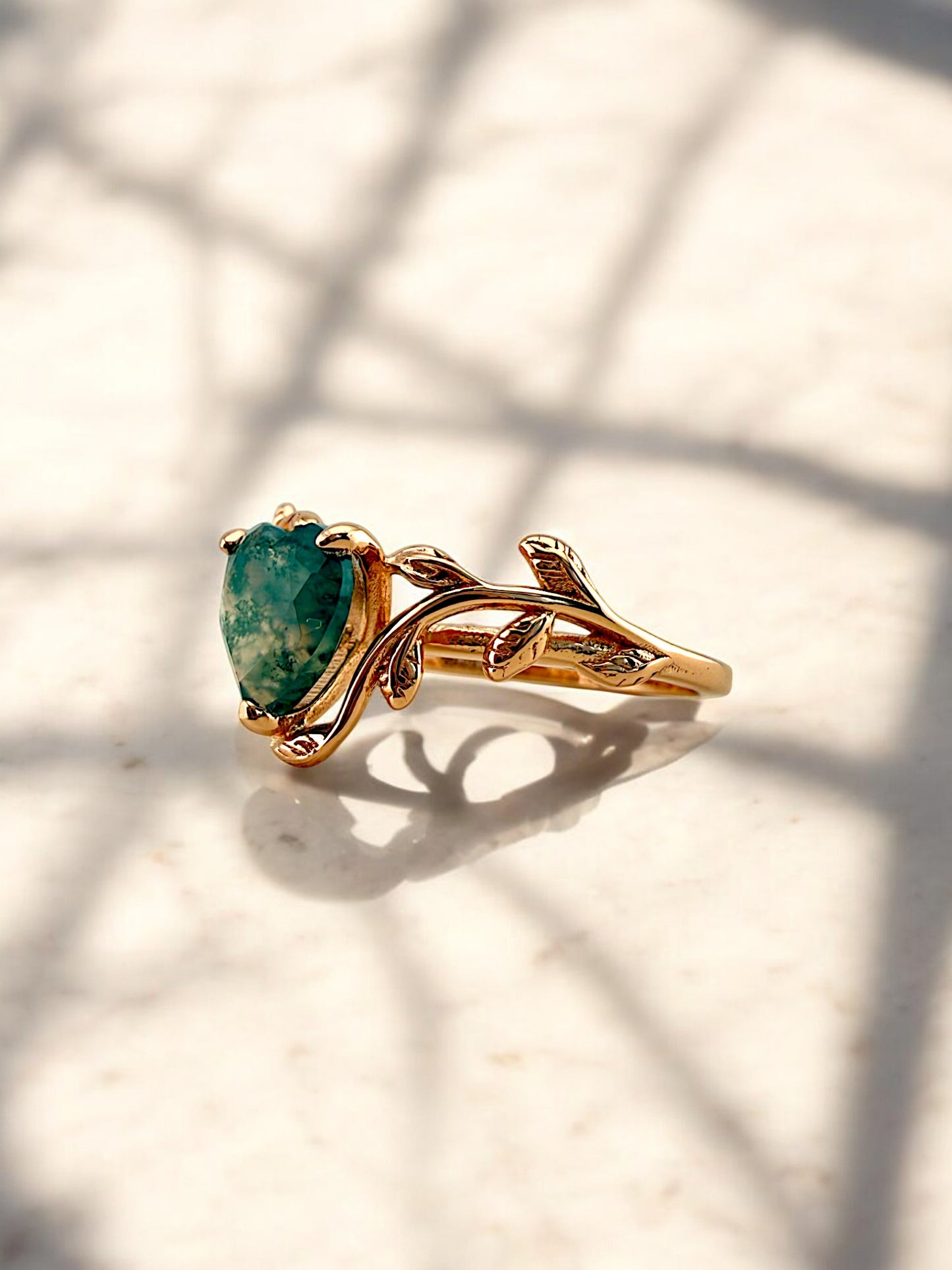 Heart Cut Natural Moss Agate Rose Gold Ring