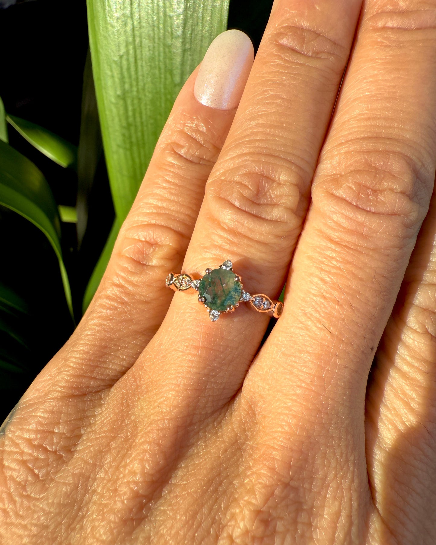 Dainty Natural Moss Agate Ring in Rose Gold