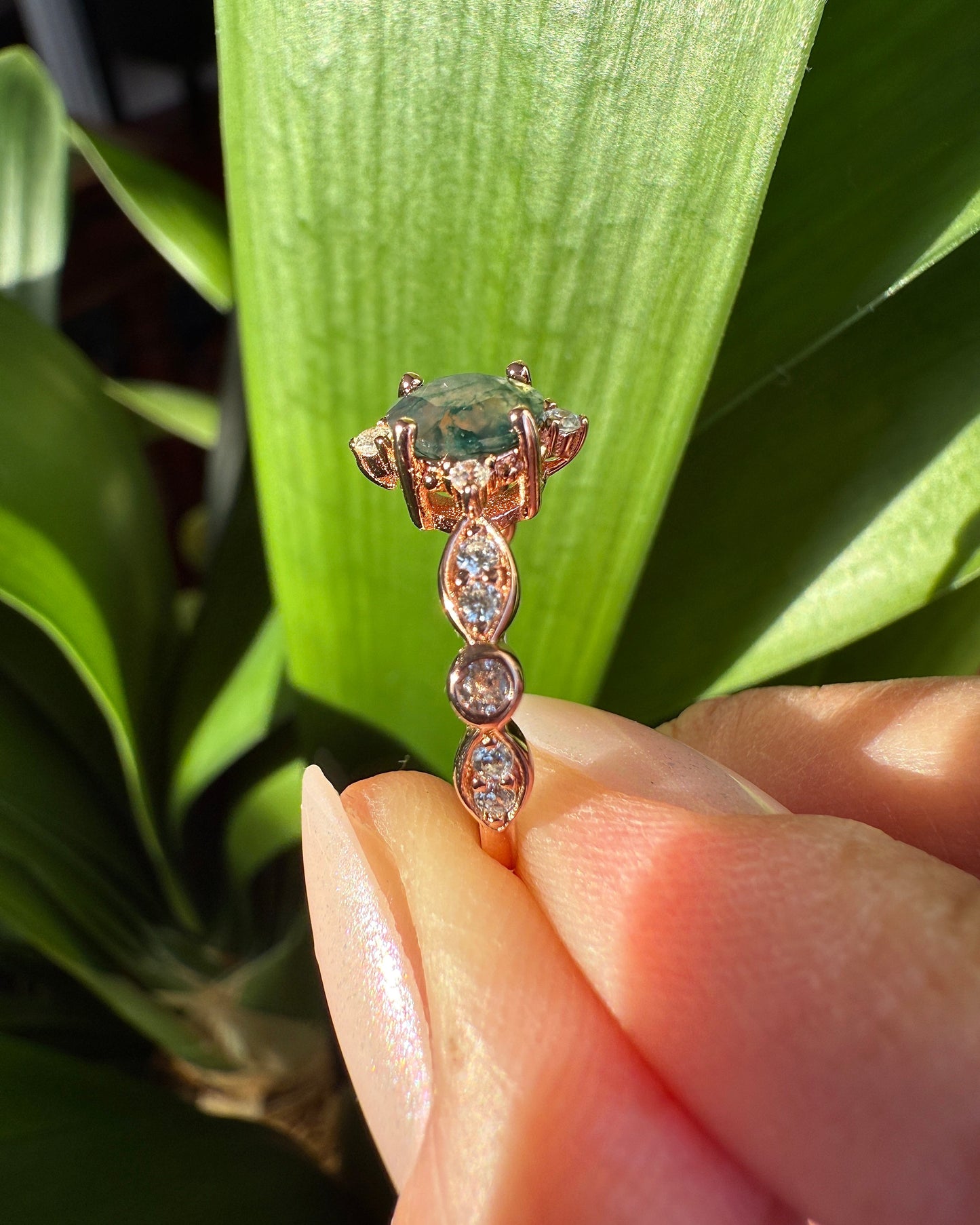 Dainty Natural Moss Agate Ring in Rose Gold