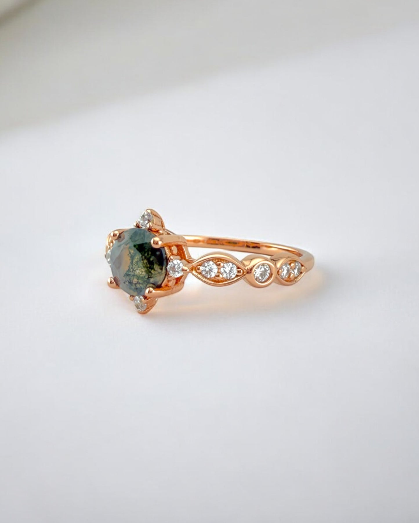 Dainty Natural Moss Agate Ring in Rose Gold