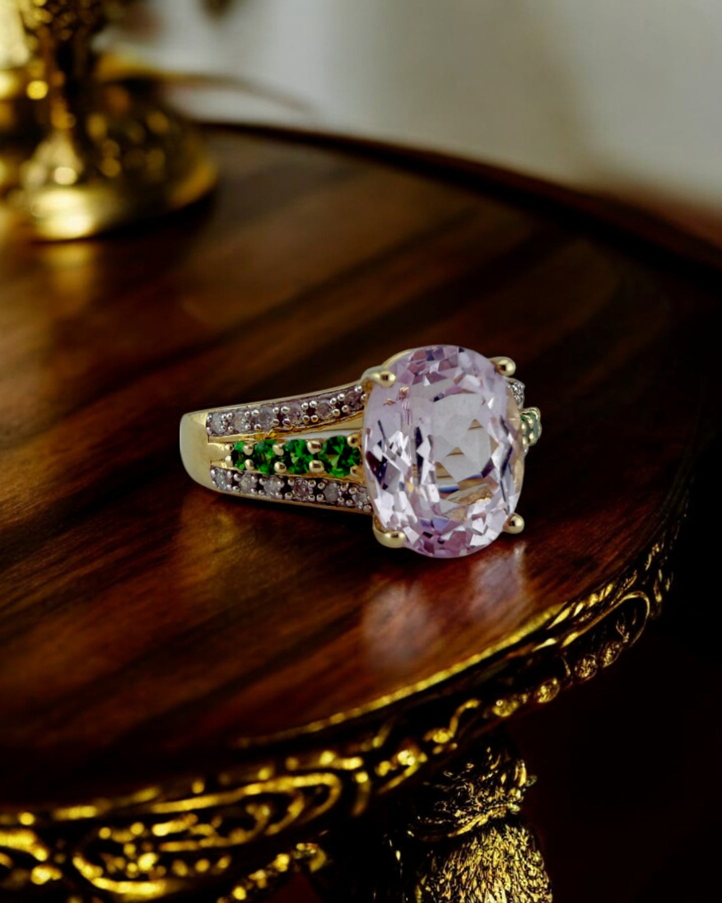 Vintage Kunzite, Tsavorite Garnet and Diamond Ring