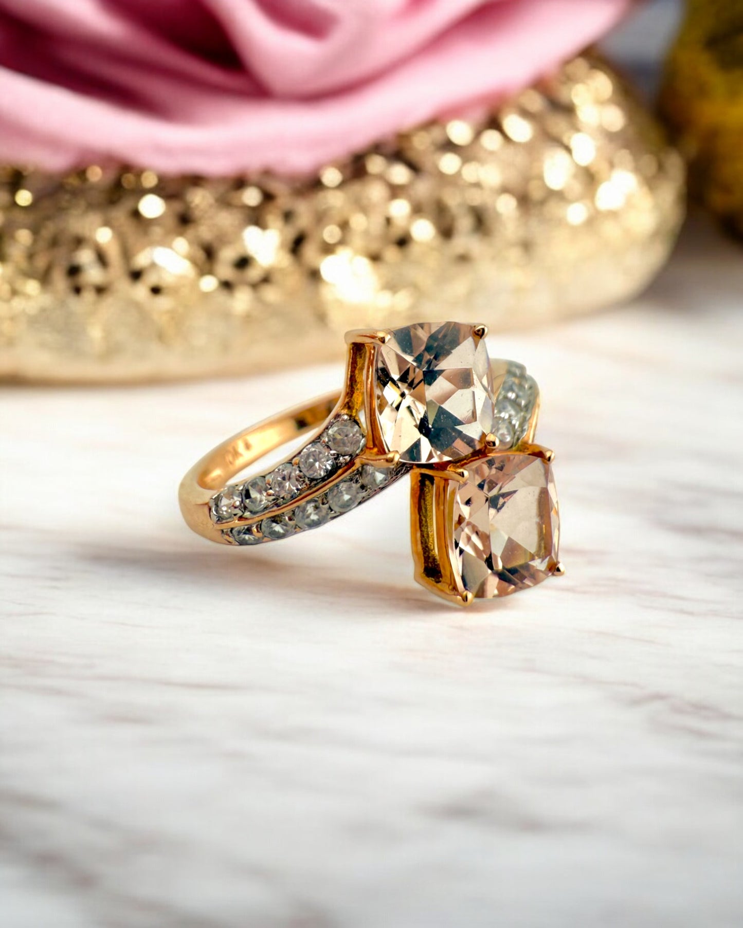 Vintage Style Double Morganite Rose Gold Bypass Ring