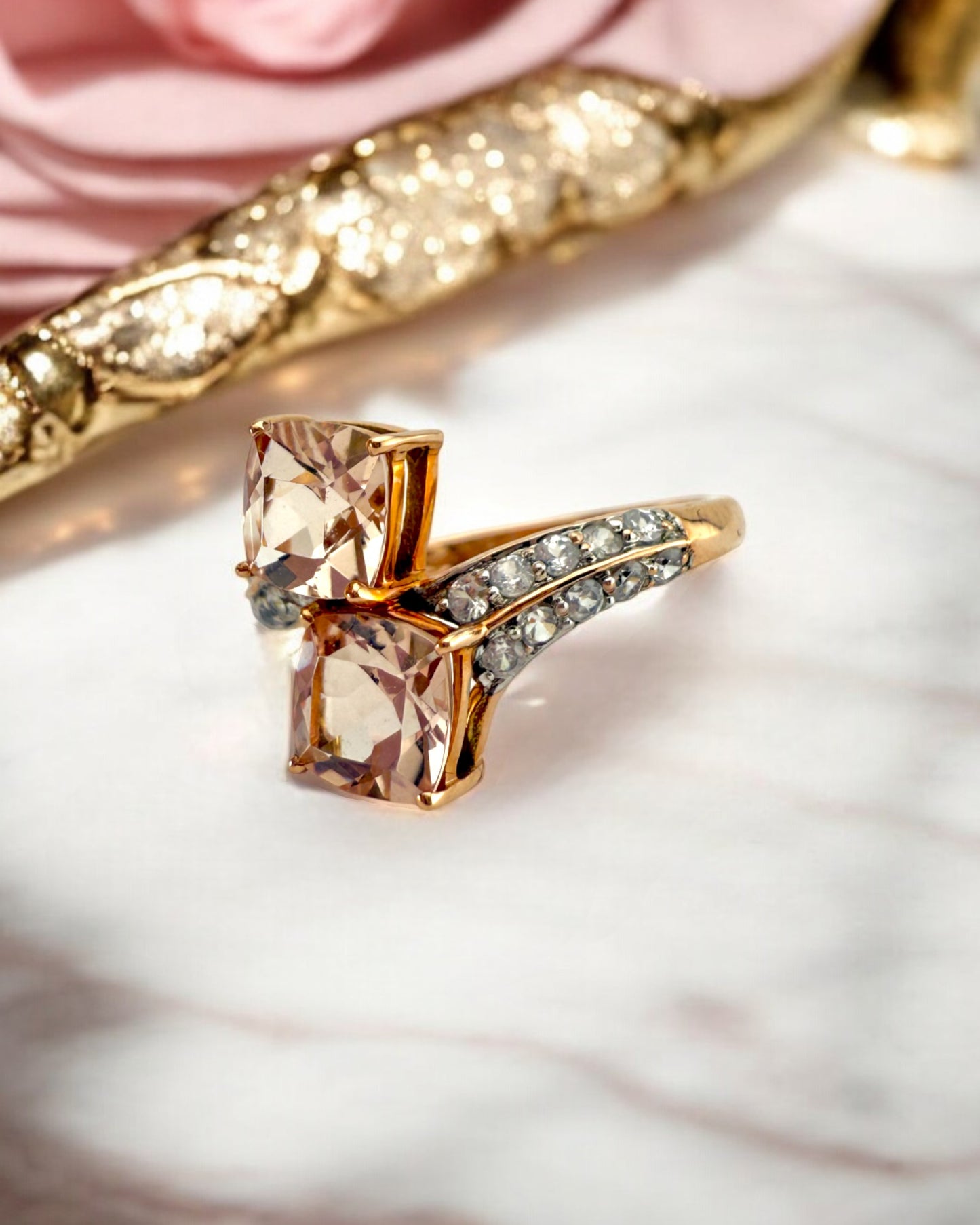 Vintage Style Double Morganite Rose Gold Bypass Ring