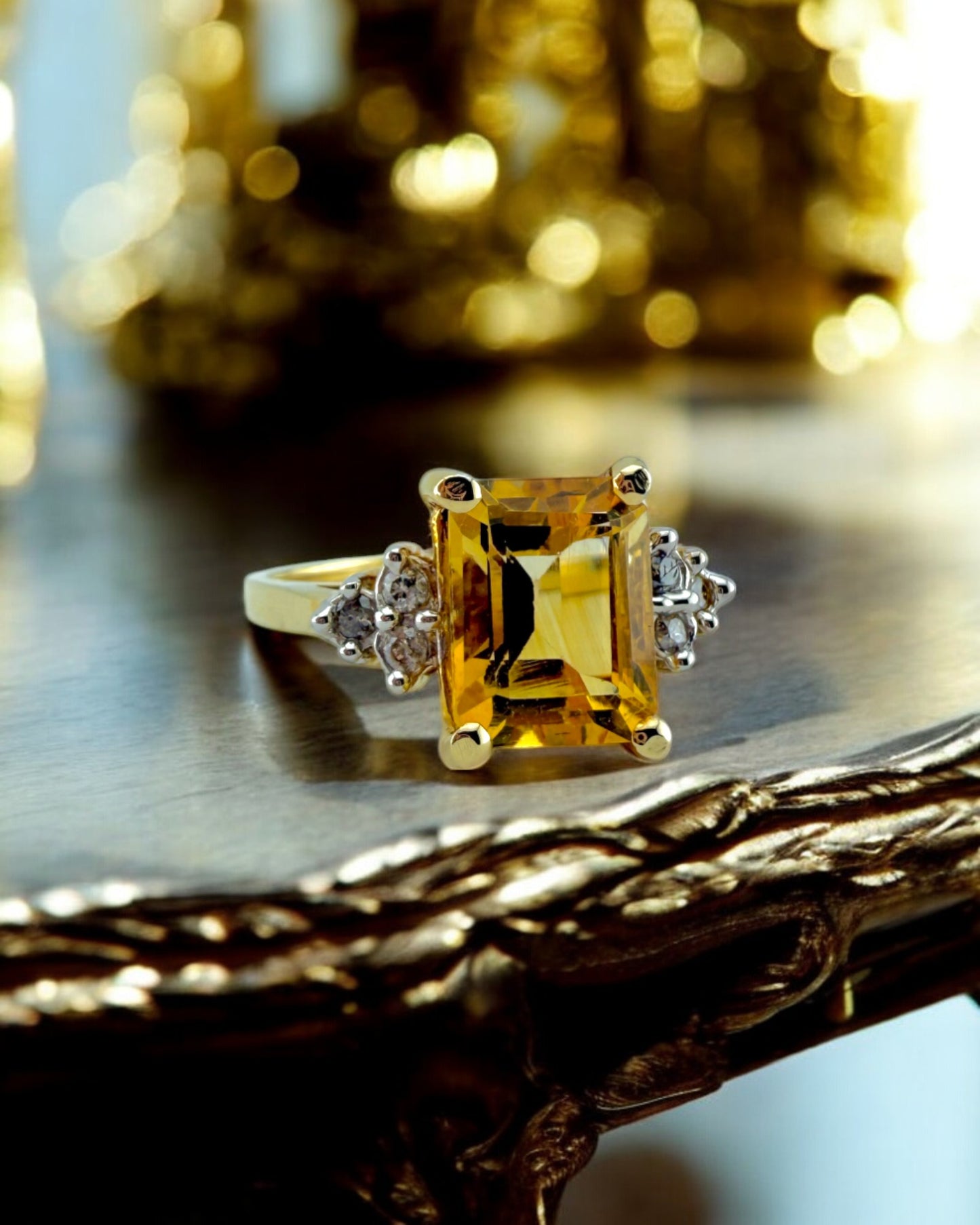 Vintage Emerald Cut Natural Citrine and Diamond Gold Ring