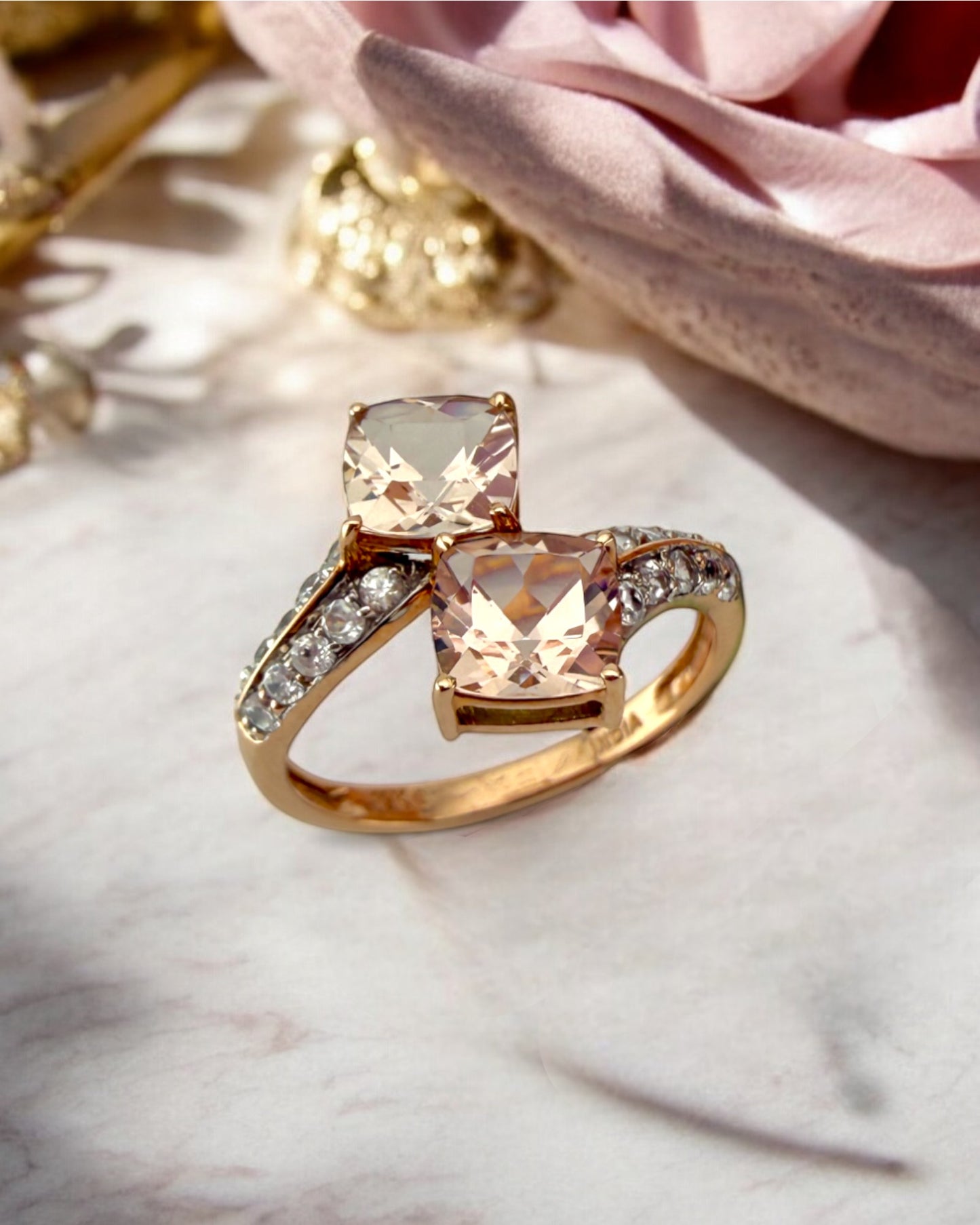 Vintage Style Double Morganite Rose Gold Bypass Ring