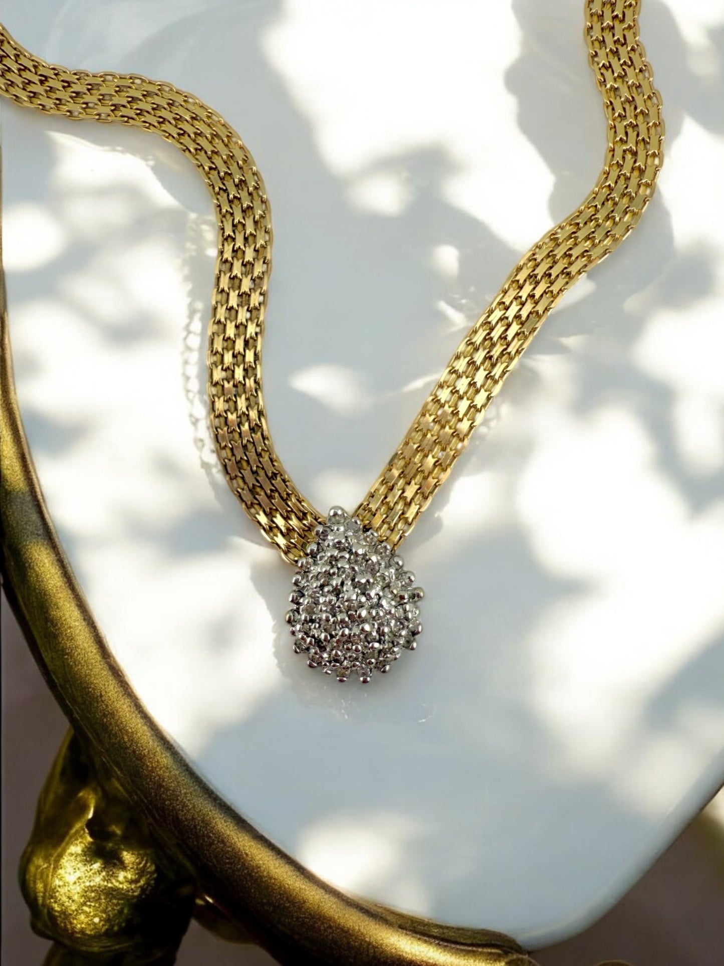 Vintage Gold Mesh Necklace with Natural Diamond Cluster Pendant