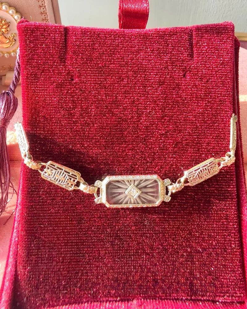 Art Deco 14K White Gold Filigree Bracelet Camphor Glass & Diamond - 14K White Gold - Free shipping - 11