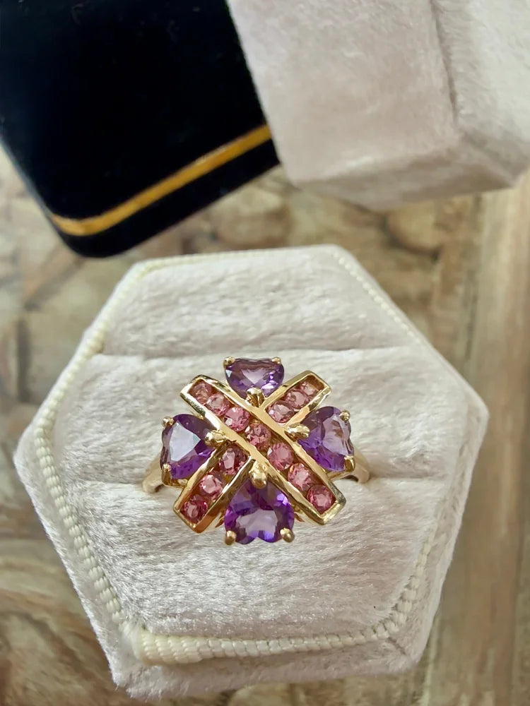 Estate 14K Yellow Gold Amethyst Heart and Pink Tourmaline Ring - 14K Solid Gold - Free shipping - 9