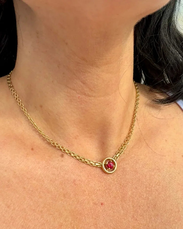 Estate 14K Yellow Gold Flat Bismarck Chain Necklace with 0.80 ct Ruby Pendant 16 in - 14K Solid Gold - Free shipping