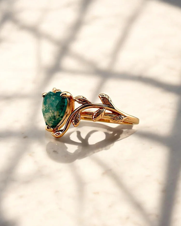 Heart Cut Natural Moss Agate Rose Gold Ring - SS925 14K Gold Vermeil - Free shipping - 3