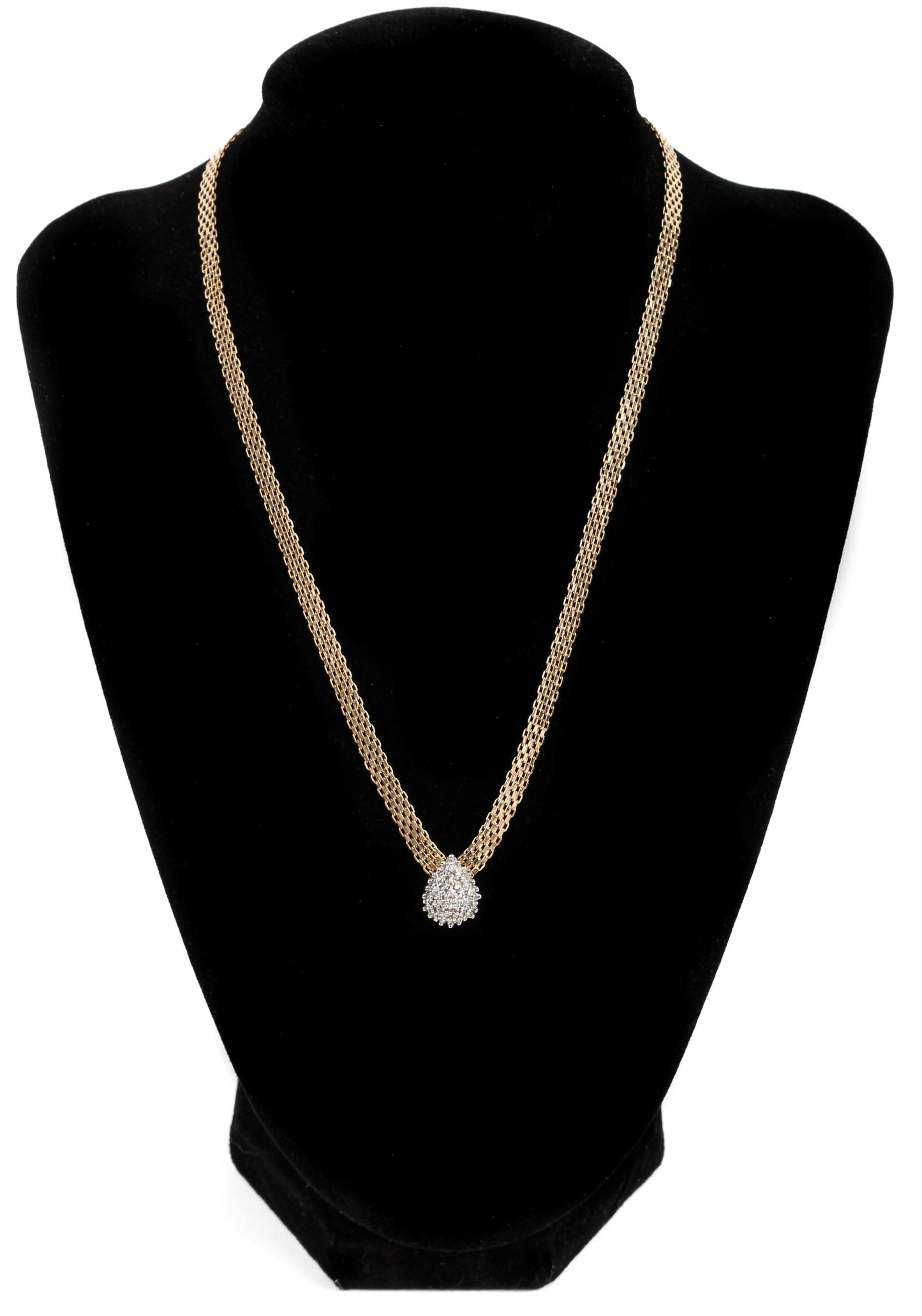 Vintage Gold Mesh Necklace with Natural Diamond Cluster Pendant