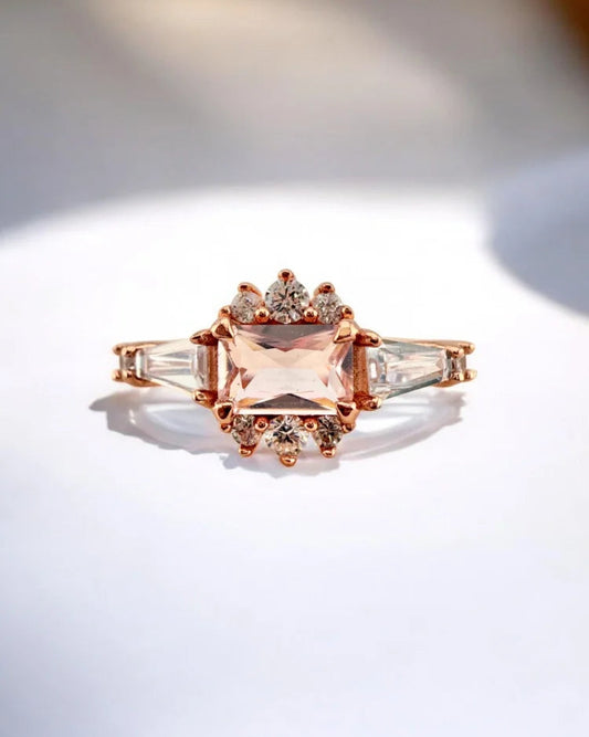 Morganite Rose Gold Art Deco 14K Gold Vermeil Ring - SS925 14K Gold Vermeil - Free shipping - 2