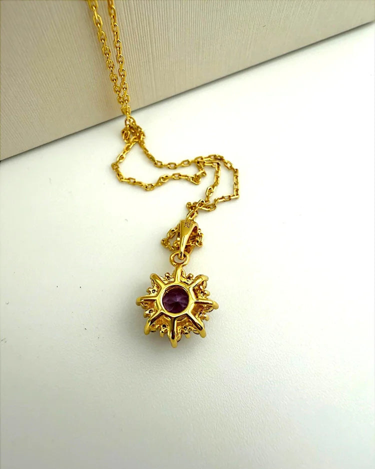 Natural Amethyst Pendant Halo Necklace - Gold - SS925 14K Gold Vermeil - Free shipping - 7