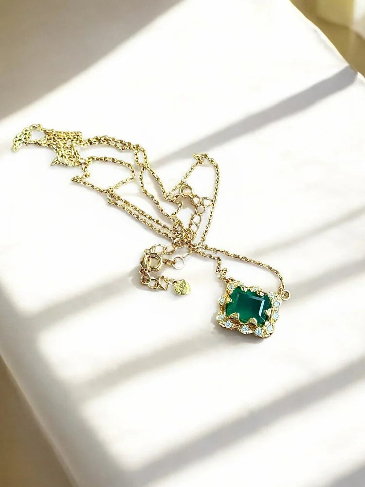 Natural Green Agate Pendant Necklace - SS925 14K Gold Vermeil - Free shipping - 7