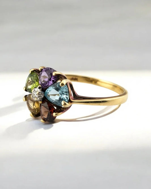 Vintage 10K Gold Flower Ring with Blue Topaz and Heart Gemstones - 10K Gold - Free shipping - 2