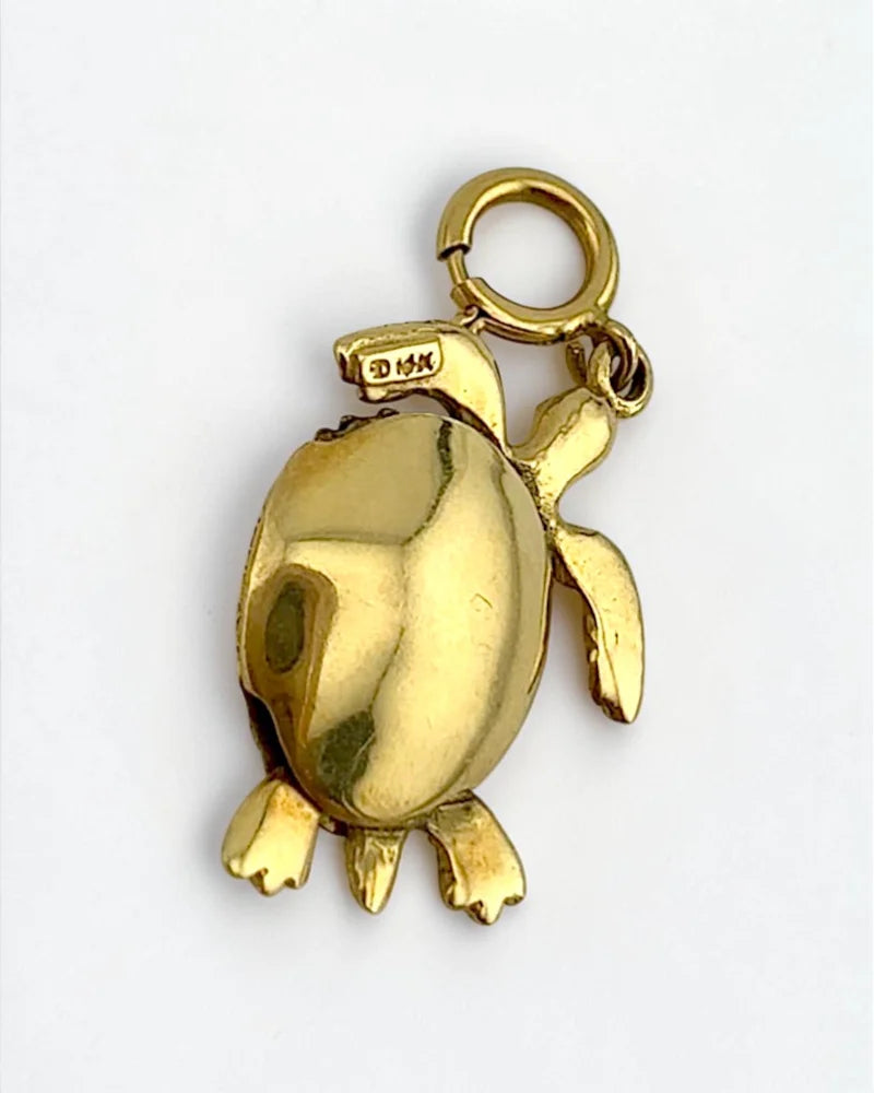 Estate 14 Gold Articulated Turtle Charm Pendant - 14K Solid Gold - Free shipping - 7
