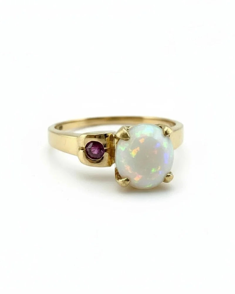 Vintage 14k Fiery Opal and Ruby Ring - 14K Solid Gold - Free shipping - 5