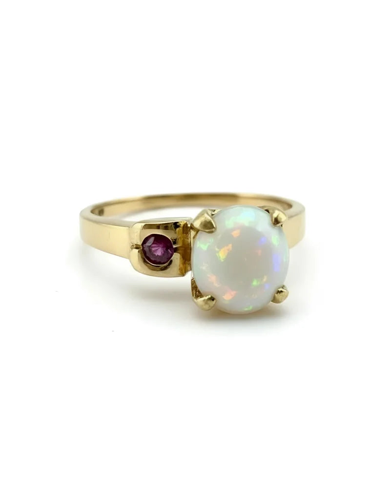Vintage 14k Fiery Opal and Ruby Ring - 14K Solid Gold - Free shipping - 5