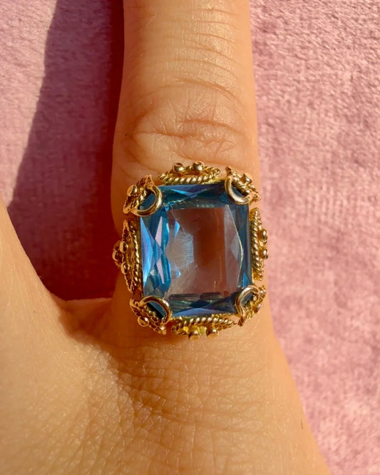 Vintage 14K Gold 6 ct Blue Topaz Filigree Ring - 14K Solid Gold - Free shipping - 2