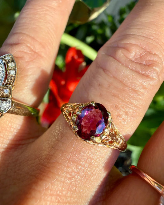 Vintage 14K Gold Rhodolite Garnet Filigree Ring - 14K Solid Gold - Free shipping - 2