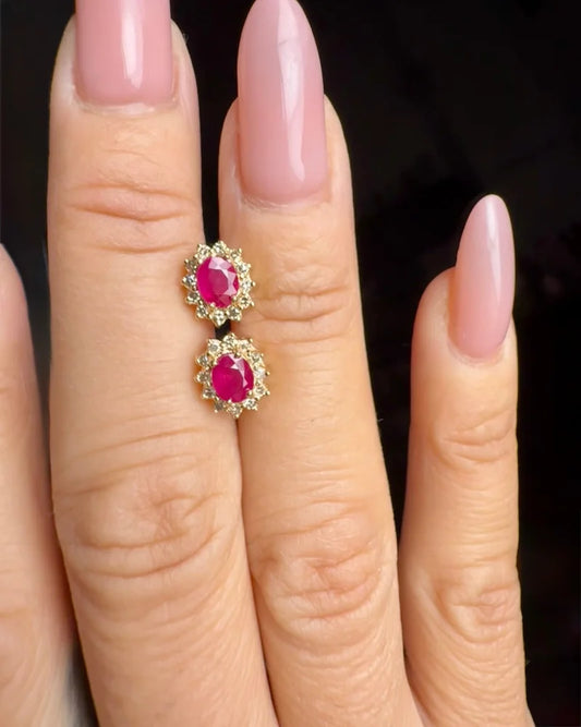 Vintage 14K Gold Ruby Stud Earrings with Natural Diamonds Halo - 14K Solid Gold - Free shipping - 2