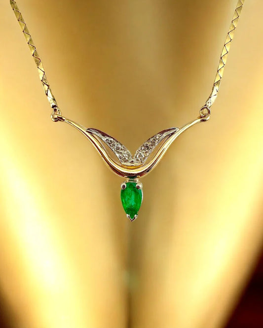 Vintage Italian 14K Bicolor Gold Emerald & Diamond Necklace - 14K Solid Gold - Free shipping - 2