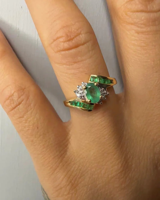 Vintage Mid-Century 10K Gold Emerald & Diamond Ring - 14K Solid Gold - Free shipping - 2