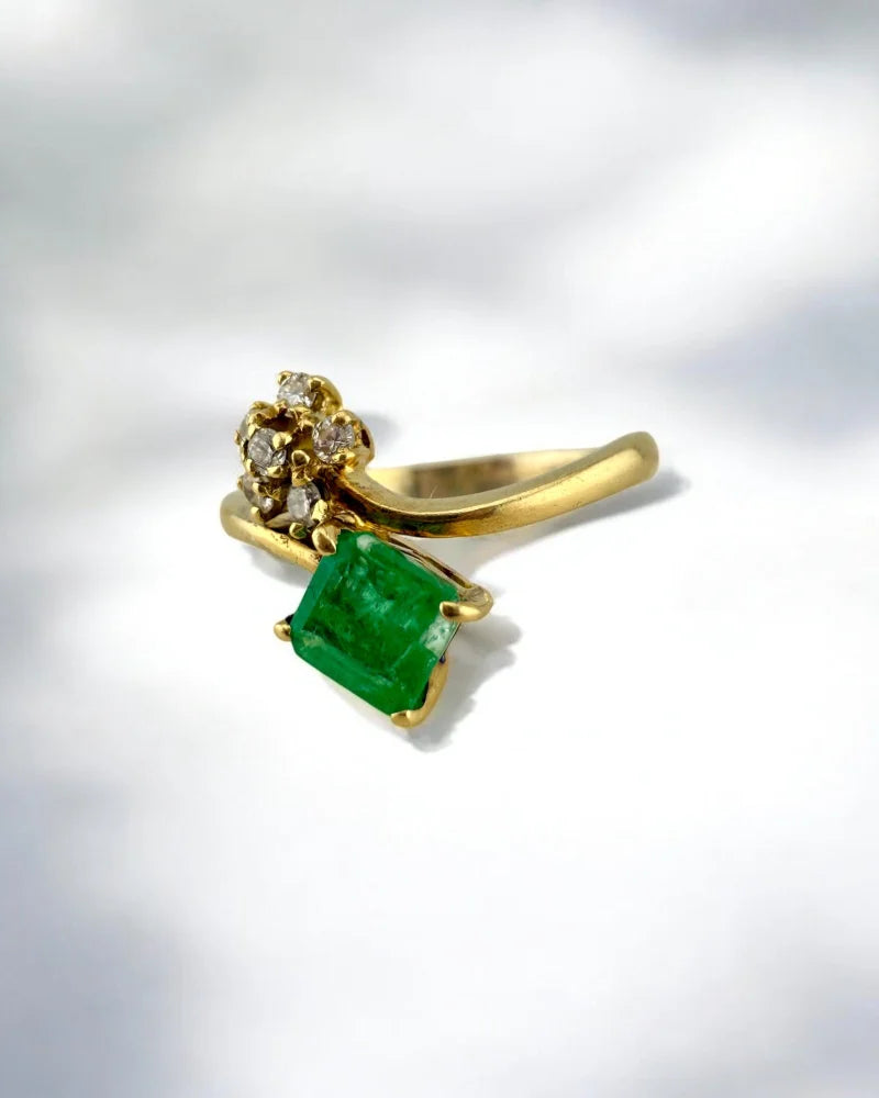 Vintage Natural Colombian Emerald and Diamond Ring - 14K Solid Gold - Free shipping - 5
