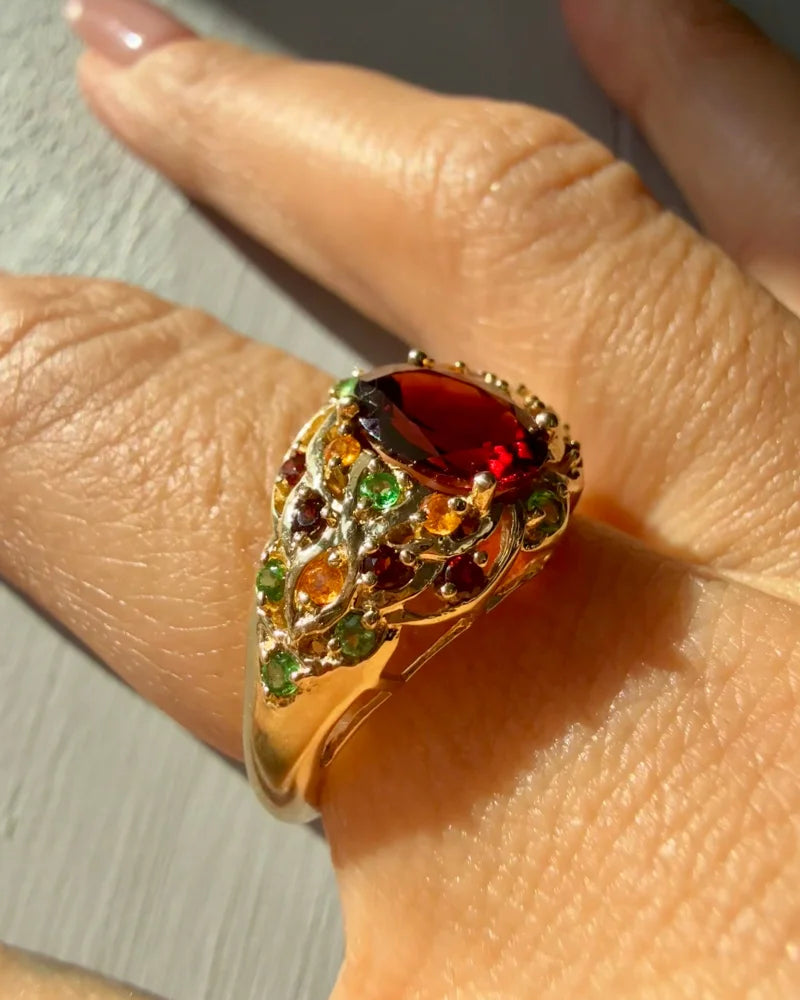 Vintage Pyrope Garnet Cluster Ring - 10K Gold with Hessonite + Tsavorite Accents - 10K Gold - Free shipping - 11