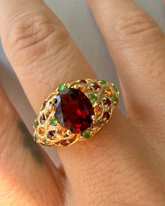 Vintage Pyrope Garnet Cluster Ring - 10K Gold with Hessonite + Tsavorite Accents - 10K Gold - Free shipping - 2