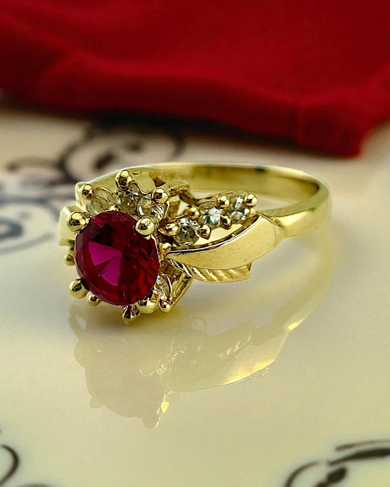 Vintage Red Sapphire and Diamond Ring - 10K Gold - Free shipping - 3