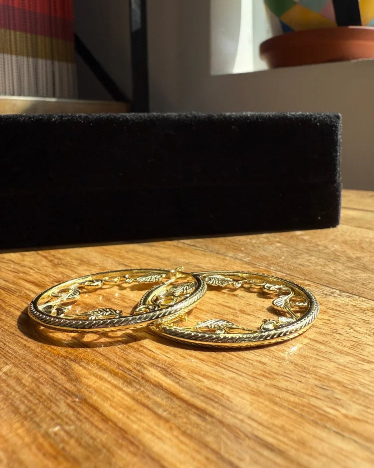 Vintage-Style Filigree Vine Hoop Earrings - SS925 14K Gold Vermeil - Free shipping - 7