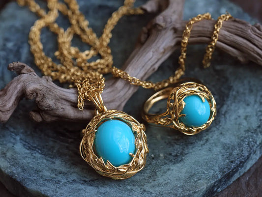 Sleeping-Beauty-Turquoise-Robin-Egg-Blue-Gold-Brutalist-Style-Necklace-And-Ring