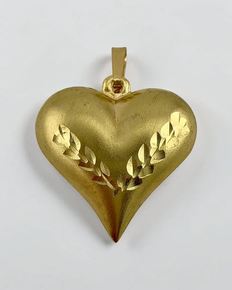 10K Gold Puffy 3D Heart Pendant with Leaf Motifs - 10K Gold - Free shipping - 1