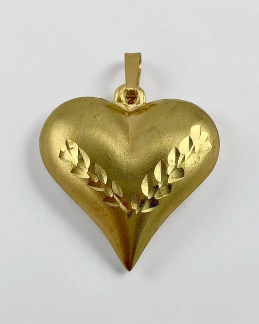 10K Gold Puffy 3D Heart Pendant with Leaf Motifs - 10K Gold - Free shipping - 1
