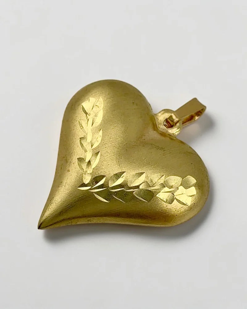 10K Gold Puffy 3D Heart Pendant with Leaf Motifs - 10K Gold - Free shipping - 3