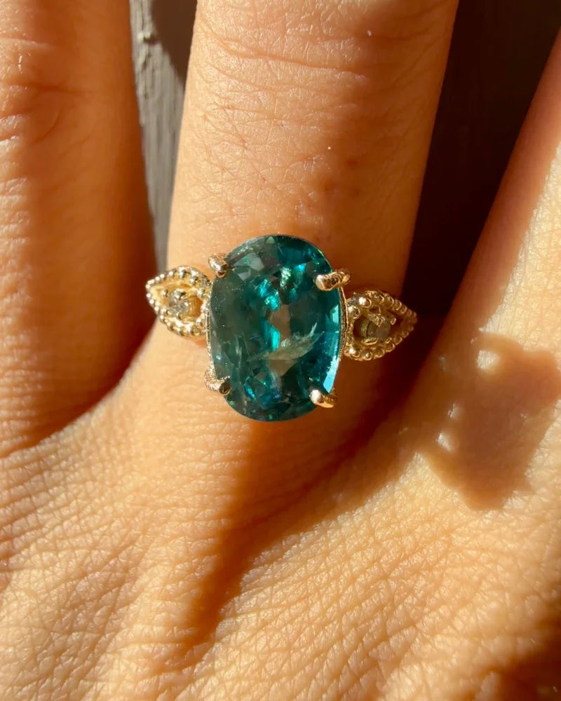 10K Yellow Gold Natural Blue Zircon Ring 4.30 ct Certified - 10K Gold - Free shipping - 2
