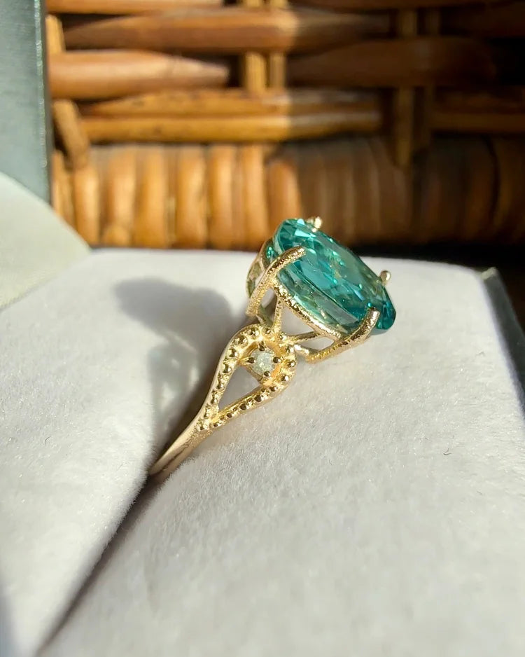 10K Yellow Gold Natural Blue Zircon Ring 4.30 ct Certified - 10K Gold - Free shipping - 9