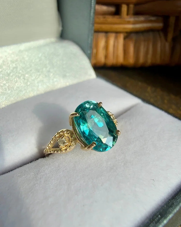 10K Yellow Gold Natural Blue Zircon Ring 4.30 ct Certified - 10K Gold - Free shipping - 5